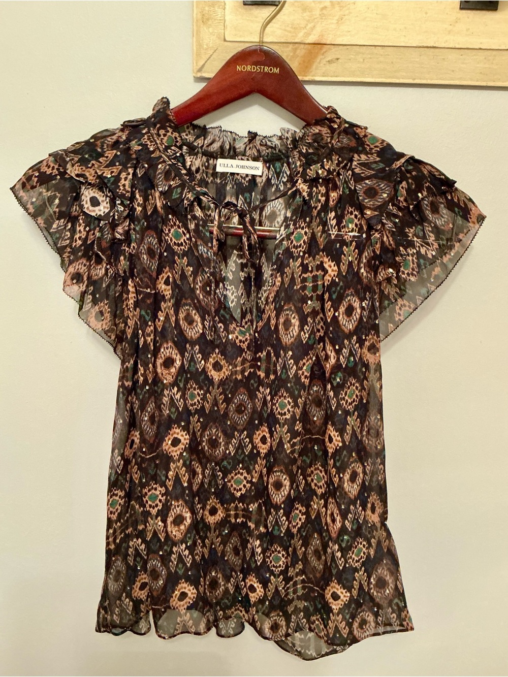 Ulla Johnson Elif Top - Onyx Sheer Silk & Metallic Flutter Sleeve Blouse Size 6 - Picture 5 of 13